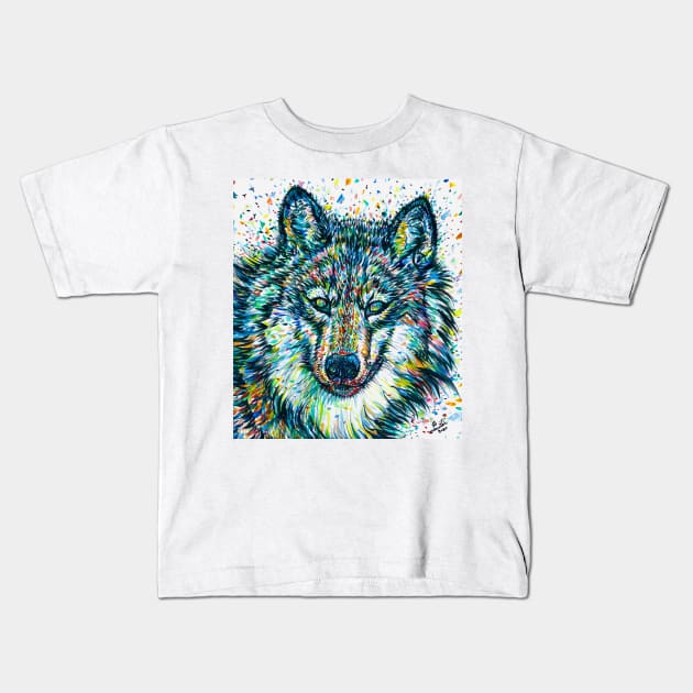 WOLF - watercolor and ink portrait Kids T-Shirt by lautir